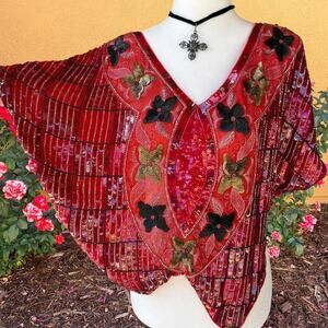 Beaded butterfly floral poncho blouse